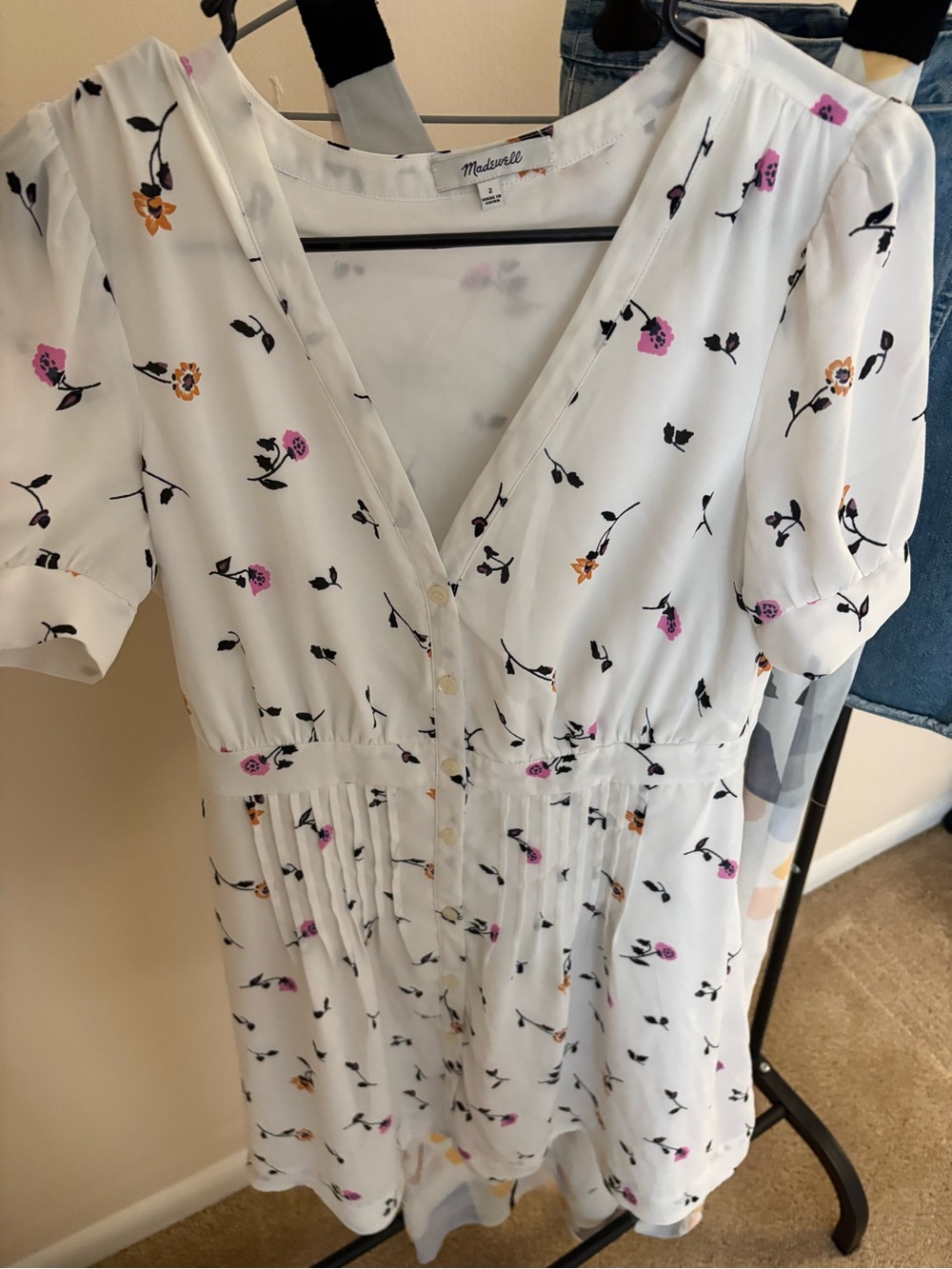 Madewell White Floral Button-Front Mini Dress with Pink & Yellow Accents